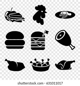 Meat icons set. set of 9 meat filled icons such as beef, rooster, chicken leg, double burger with flag, sandwich and apple, chicken, fried egg and bacon