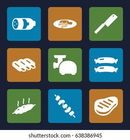 Meat icons set. set of 9 meat filled icons such as sausage, kebab, fried egg and bacon, beef