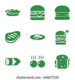 Meat icons set. set of 9 meat filled icons such as sausage, double burger with flag, cheeseburger, sandwich, pie, fried egg and bacon, beef, meat