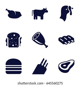 Meat icons set. set of 9 meat filled icons such as cow, beef, turkey, sausage, sandwich, burger, chicken, meat