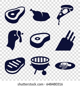 Meat icons set. set of 9 meat filled icons such as beef, turkey, pizza, fried egg and bacon, bbq, chicken