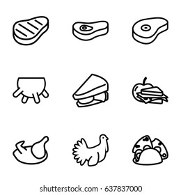 Meat icons set. set of 9 meat outline icons such as udder, chicken, taco, sandwich, sandwich and apple, beef, turkey
