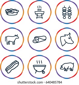 Meat icons set. set of 9 meat outline icons such as cow, pig, wrap sandwich, pie, kebab, bacon
