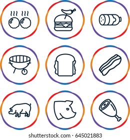 Meat icons set. set of 9 meat outline icons such as pig, sausage, burger with pepper, sandwich, bbq, bacon