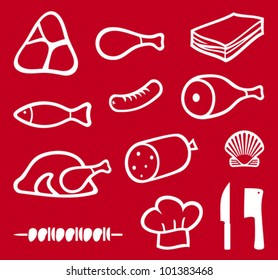 meat icons set (chef hat, knife, cleaver, bacon, salami, skewers, shell, fish, sausage, steak, pork leg, ham)