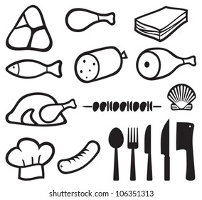 meat icons set - chef hat, knife, fork, spoon and meat cleaver, bacon, salami, skewers, shell, fish, sausage, steak, pork leg, ham