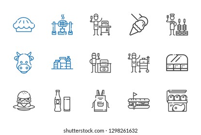 meat icons set. Collection of meat with hot dog, apron, beverage, burger, food and restaurant, grill, bbq grill, proteins, cow, churrasco, roast. Editable and scalable meat icons.