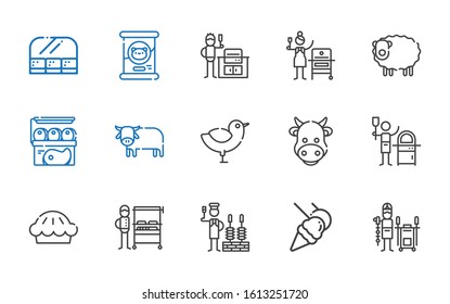 meat icons set. Collection of meat with tandoor, food and restaurant, churrasco, burning grill, pie, pizza, cow, chicken, ox, sheep, grill, bbq grill. Editable and scalable meat icons.