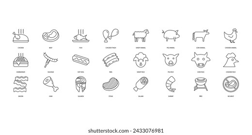 Fleisch-Icons gesetzt. Satz von editierbaren Strich-Icons.Vektor-Satz von Fleisch