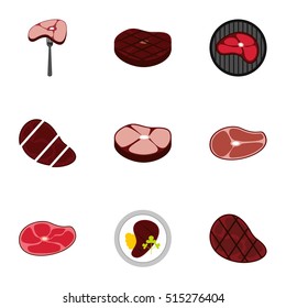 Meat icons set. Flat illustration of 9 meat vector icons for web