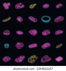 Meat icons set. Isometric set of meat vector icons neon color on black