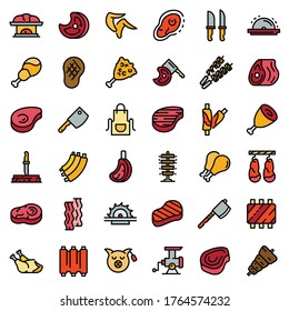 Meat icons set. Outline set of meat vector icons thin line color flat isolated on white
