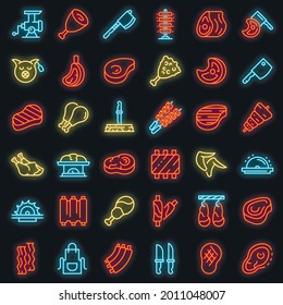 Meat Icons Set. Outline Set Of Meat Vector Icons Neon Color On Black