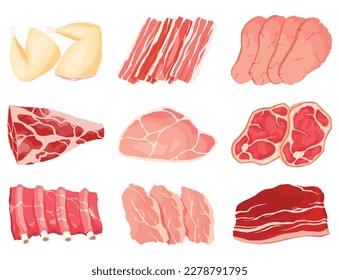 Iconos de carne establecidos. Producto para mostrador de la carnicería. Comida de supermercado. Ilustración vectorial decorativa de vista superior