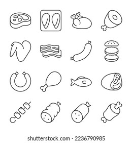 Meat icons set. Meat products from chicken, pork, veal, fish. Steak, sausage, meat loin, cutlet, meat on the bone, parts., linear icon collection. Line with editable stroke