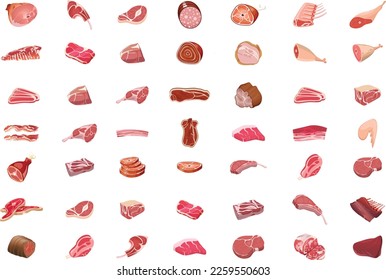 Meat icons set.  Vector meat product's set. Cartoon meat products. Chicken, sausages and sausages. Steaks, pork bacon and ribs vector set. Steak chicken, sausage and bacon, product