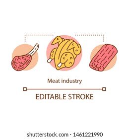 Meat industry concept icon. Food business idea thin line illustration. Barbecue ingredients, natural products. Pork hough, chicken and beef fillet vector isolated outline drawing. Editable stroke