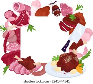 Meat ingredient, natural steak shop for barbecue vector illustration. Ham, bacon, pork product for restaurant, market from farm.