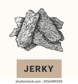 Meat jerky illustration. Vector hand drawing of sliced and dried meat isolated on a white background.