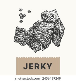 Meat jerky illustration. Vector hand drawing of sliced and dried meat isolated on a white background.