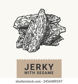 Meat jerky with sesame illustration. Vector hand drawing of sliced and dried meat isolated on a white background.