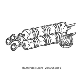 Ícone de linha de espetinhos de kebab. Esboço desenhado à mão esboço do shish cru skewered kebab com cebola. churrasco cardápio de churrasco, cozinhar em mascote de piquenique, churrasco de porco ou ícone de carne ilustração vetor