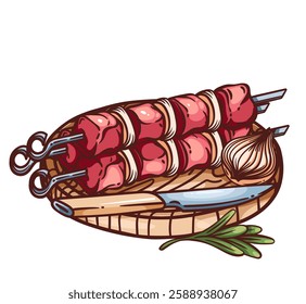 Meat kebab skewers on wooden board with knife and onion. Outline hand drawn color sketch of raw red beef, lamb or pork pieces on metal sticks to grill. BBQ party mascot, kebab icon vector illustration