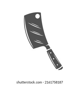 Meat kitchen cleaver, butcher knife silhouette glyph icon, engraved monochrome illustration.