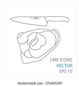 Meat knife outline thin line icon. Household appliance, kitchen and restaurant accessories, equipment, cooking utensil, cutlery tools, kitchenware and cookware for food preparation.