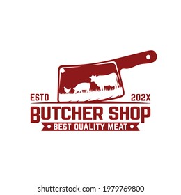 Meat Knife With A Symbol Of Cow Pork Chicken. Suitable For Butchers Butchery Deli Beef Meat Shop Market Vintage Hipster Retro Logo Design Template.