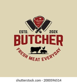 Meat Knife with Meat and Symbol of Cow Pork Chicken. Suitable for Butchers Butchery Deli Beef Meat Shop Market Vintage Hipster Retro Logo Design Template.