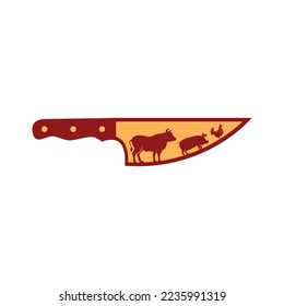 Meat Knife with a Symbol of Cow Pork Chicken . Butcher shop logo design vector Butchery Deli Beef Meat Shop Market Vintage Hipster Retro Logo Design Template.