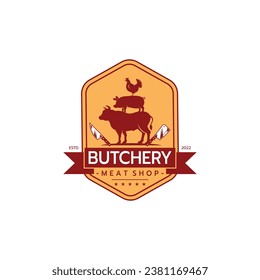 Meat Knife with a Symbol of Cow Pork Chicken . Butcher shop logo design vector Butchery Deli Beef Meat Shop Market Vintage Hipster Retro Logo Design Template.