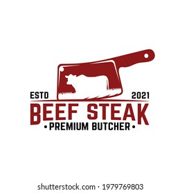 Meat Knife with a Symbol of Cow. Suitable for Butchers Butchery Deli Beef Meat Shop Market Vintage Hipster Retro Logo Design Template.