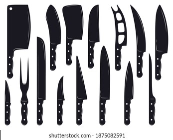 Cuchillos de carne. Cuchillo de la tienda de carnicería para el deshuesado de carne, cuchillos de corte, fileteado y cortado. Siluetas de corte de carne de corte vintage de siluetas de cuchillo de vectores conjunto de ilustración. Equipo de carnicería de recogida, cuchillos negros