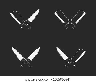 Meat knives set. Chef’s and Cleaver knife isolates on black background. Design elements for meat shop, restaurant, market logo. Vector elements