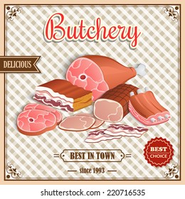 Meat label best choice retro butchery poster on squared background vector illustration