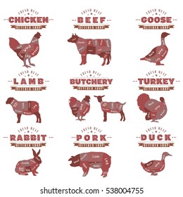 Meat label big collection. Butcher shop. Farm animals silhouette. Cow, rabbit, sheep, pig, goat, goose, duck, turkey, diagrams meat vector