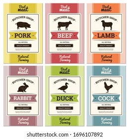 Meat labels. Butcher shop logo and fresh meat stickers or banners with animal picture steak for grocery tag vector set