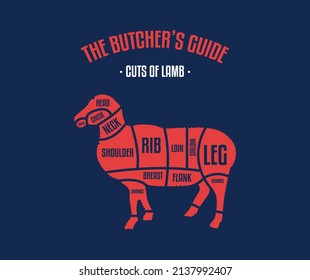 Meat and Lamb cuts. Diagrams for butcher shop. Scheme of Lamb. Vector Flat Illustration. Lamb butcher's guide. Used for cooking steak and roast - Leg, Loin, Rack, Foreshanks, Shoulder, etc.