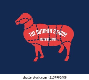 Meat and Lamb cuts. Diagrams for butcher shop. Scheme of Lamb. Vector Flat Illustration. Lamb butcher's guide. Used for cooking steak and roast - Leg, Loin, Rack, Foreshanks, Shoulder, etc.