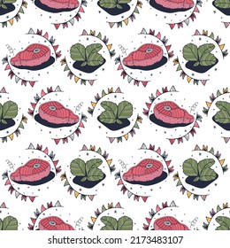 Fleisch und Blätter. Nahtloses Muster auf weißem Hintergrund. Cute Vektorgrafik.