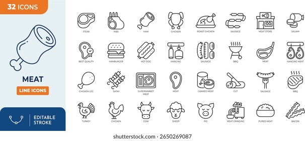 Conjunto de ícones editáveis de linha de carne. Contendo bife, carne, presunto, frango, vaca, costelas, salsicha, churrasco e muito mais. Traçado editável. Ilustração vetorial