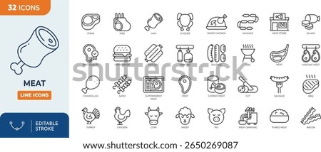 Meat line editable icon set. Containing steak, beef, ham, chicken, cow, ribs, sausage, BBQ, and more. Editable stroke. Vector illustration