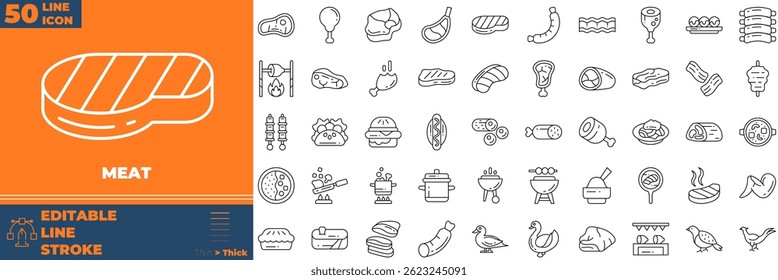 Conjunto de ícones editáveis da Meat Line. Ilustração vetorial no estilo moderno de linha fina de ícones de carne: bife, carne, grelha, etc