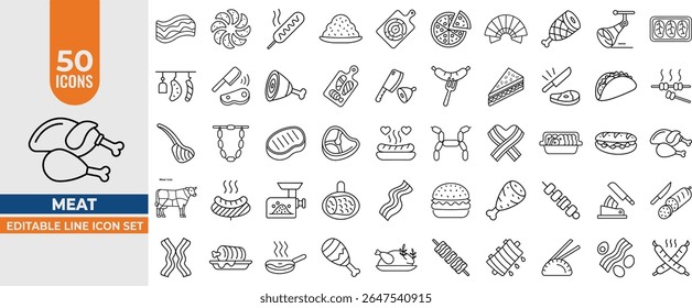 Conjunto de ícones de linha de carne - Ilustrações vetoriais de presunto, salsicha, talho, bife, frango, bacon e produtos de carne. Traço editável. Ilustração vetorial