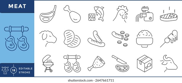 Meat Line Icons Set | Butchery, Cuts, and Processed Meat Products | Editable Stroke