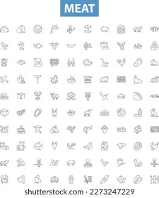 Meat line icons, signs set. Pork, Beef, Mutton, Venison, Lamb, Sausage, Bacon, Chicken, Finfish outline vector illustrations.