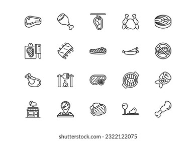 Meat lines icon set. Meat genres and attributes. Linear design. Lines with editable stroke. Isolated vector icons.