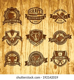 meat logo butcher butchery icon stamp beef badge vector knife set of vintage stamp guide of killing meat store on the aged wood template meat logo butcher butchery icon stamp beef badge vector knife c